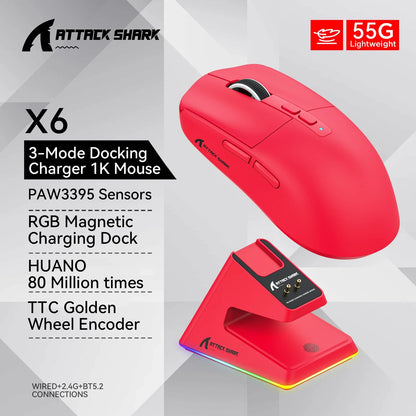 Attack Shark X6 Wireless Gaming Mouse | 26K DPI RGB Lightweight Tri-Mode Mouse with Charging Base & PixArt 3395 Sensor for PC & Laptop