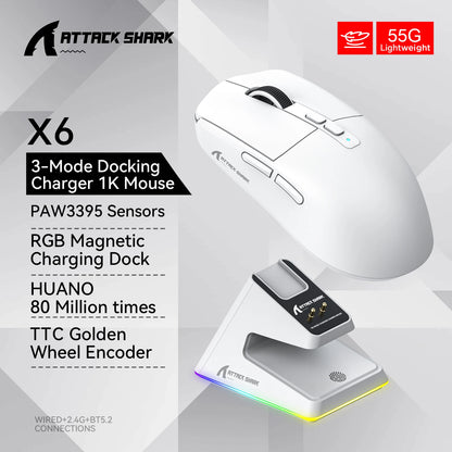 Attack Shark X6 Wireless Gaming Mouse | 26K DPI RGB Lightweight Tri-Mode Mouse with Charging Base & PixArt 3395 Sensor for PC & Laptop