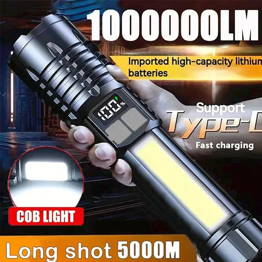 High Power LED Flashlight, Powerful TYPE-C Rechargeable COB Flashlight With Side Light Torch For Outdoor Camping Hiking