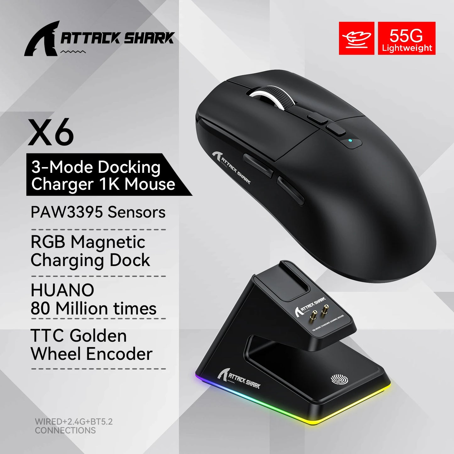 Attack Shark X6 Wireless Gaming Mouse | 26K DPI RGB Lightweight Tri-Mode Mouse with Charging Base & PixArt 3395 Sensor for PC & Laptop